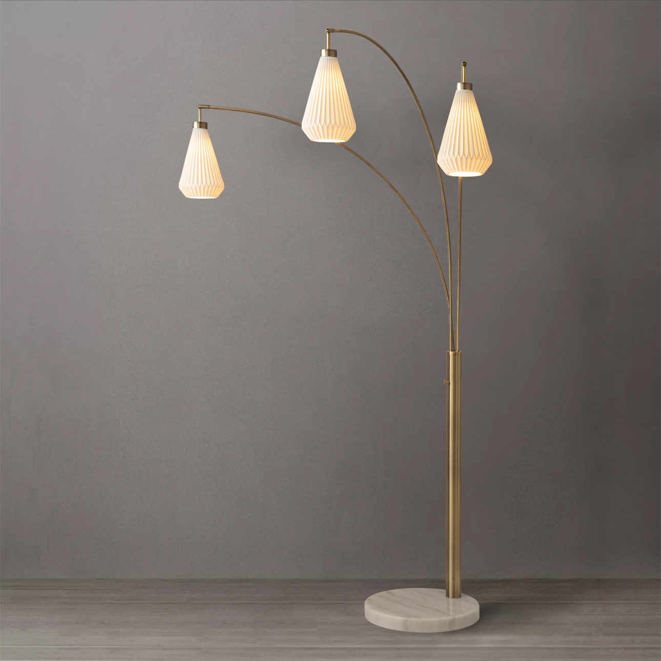 Concord Bone Porcelain Shade 3 Light Arc Floor Lamp – 85″, Weathered Brass & Walnut, Dimmer Switch