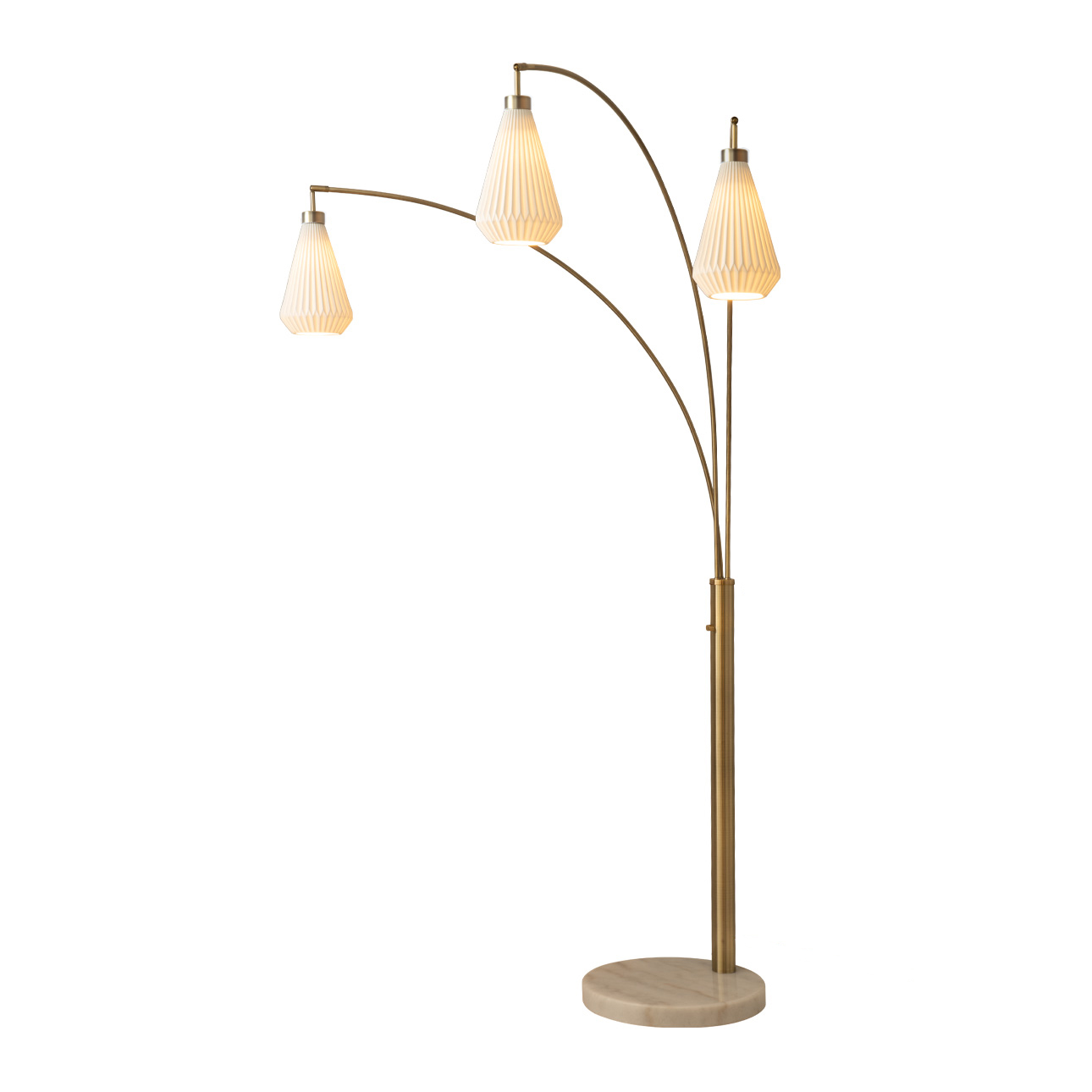 Concord Bone Porcelain Shade 3 Light Arc Floor Lamp – 85″, Weathered Brass & Walnut, Dimmer Switch - Image 3