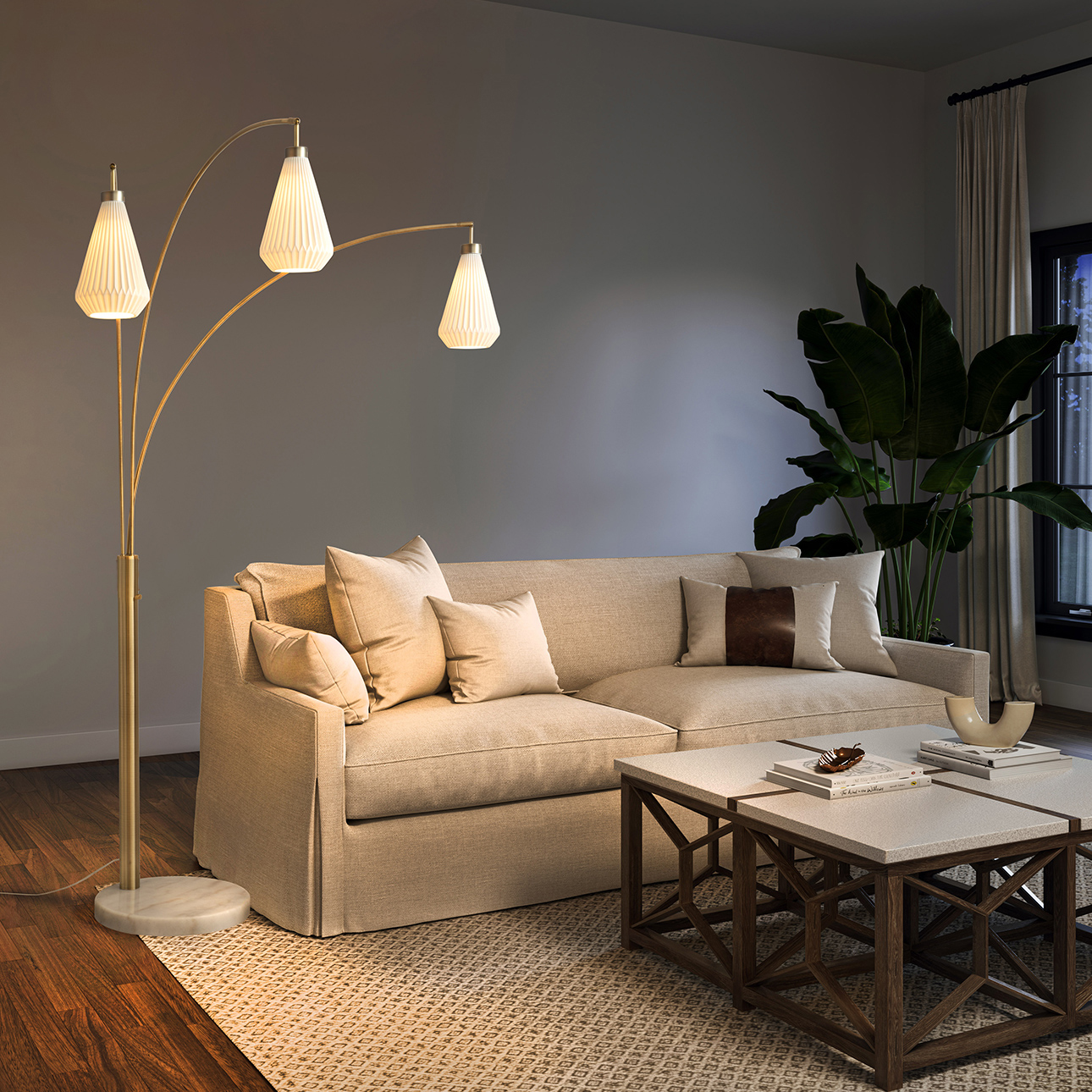 Concord Bone Porcelain Shade 3 Light Arc Floor Lamp – 85″, Weathered Brass & Walnut, Dimmer Switch - Image 2