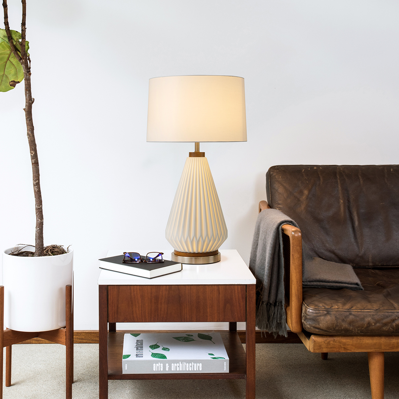 Concord Bone Porcelain Table Lamp – 28″, White and Walnut, 4-Way Rotary Switch