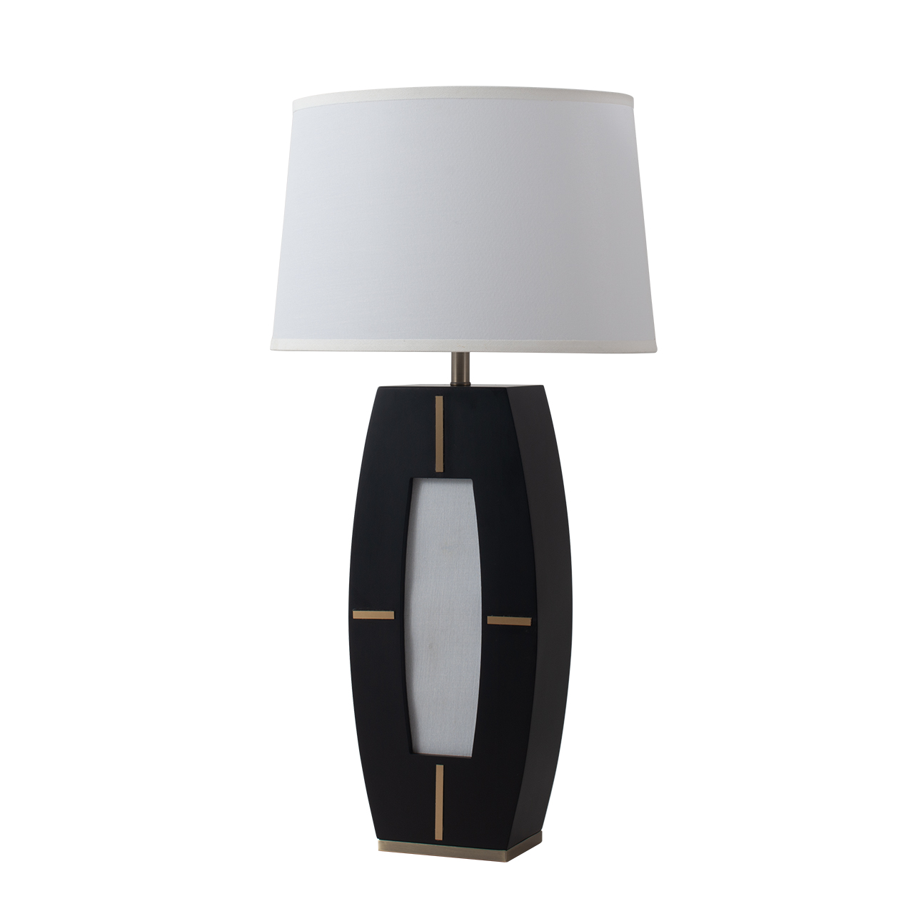 Delacey Table Lamp with Nightlight – Ebony Wood Finish, Weathered Brass, White Linen Shade - Image 4