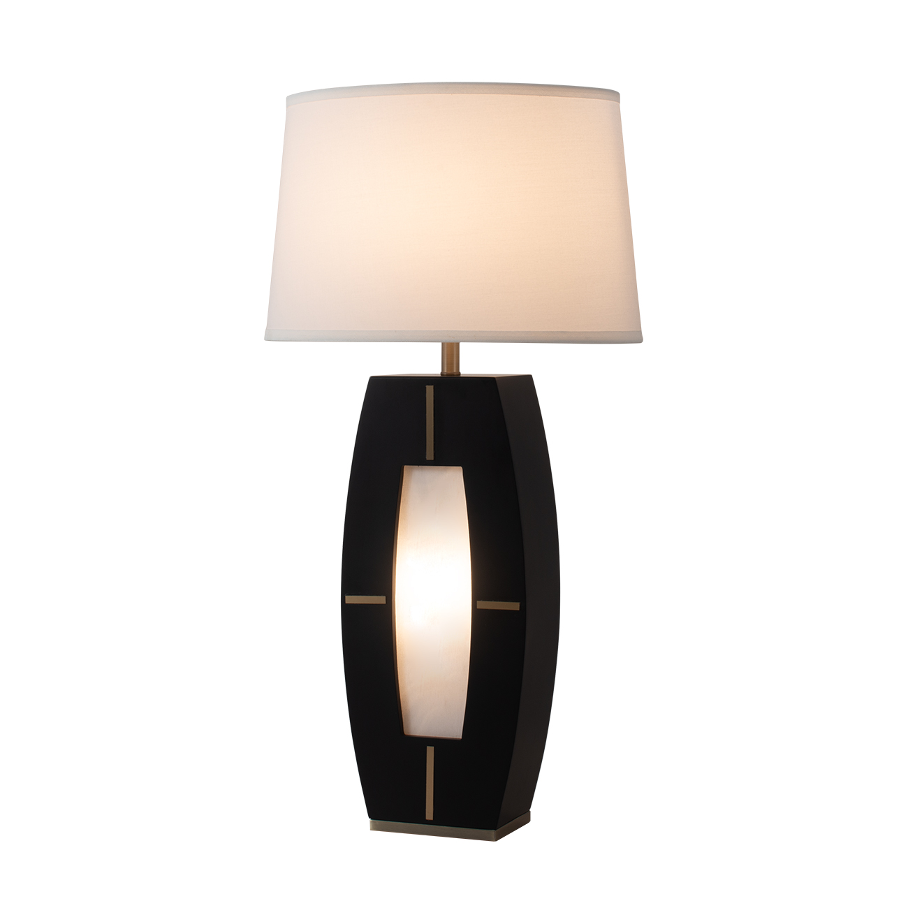 Delacey Table Lamp with Nightlight – Ebony Wood Finish, Weathered Brass, White Linen Shade - Image 7