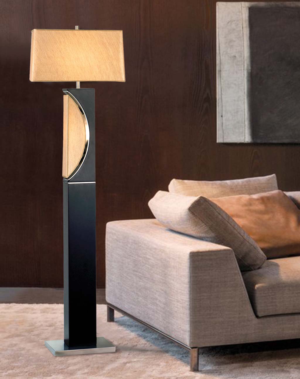 Half Moon Floor Lamp with Nightlight – Dark Brown, Etruscan Gold Linen Shade - Image 4