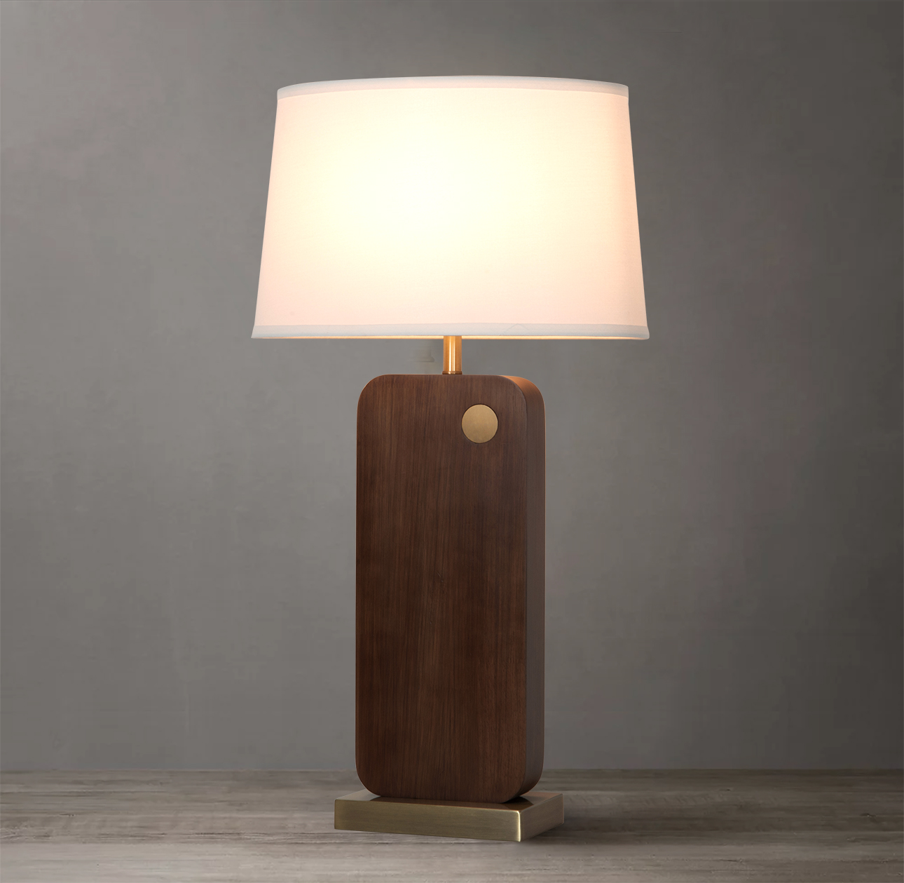Laurel Table Lamp – Dark Walnut Wood Finish, Weathered Brass, White Linen Shade - Image 2