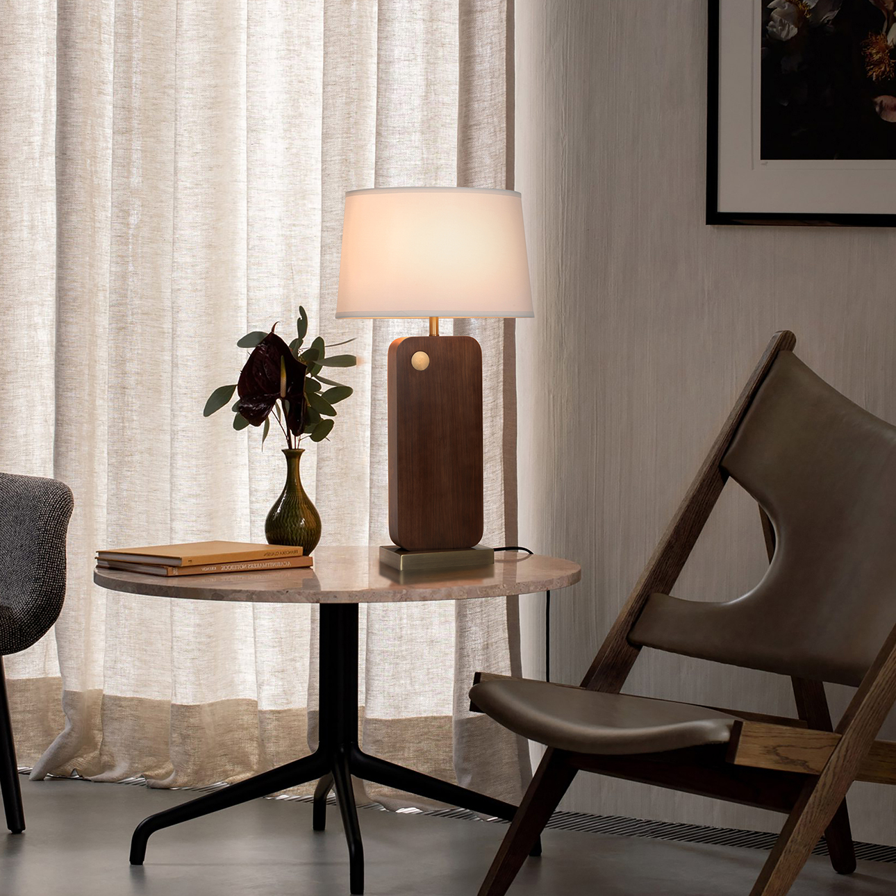 Laurel Table Lamp – Dark Walnut Wood Finish, Weathered Brass, White Linen Shade