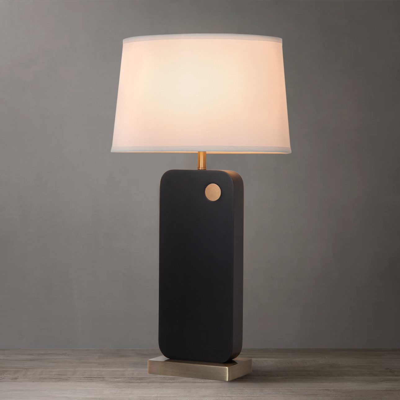 Laurel Table Lamp – Ebony Wood Finish, Weathered Brass, White Linen Shade - Image 2
