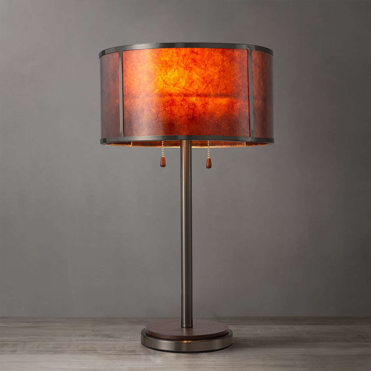 Layers Natural Mica Table Lamp – 25″, Charcoal Grey Wood & Gunmetal, Dual Pull Chair Switch - Image 2