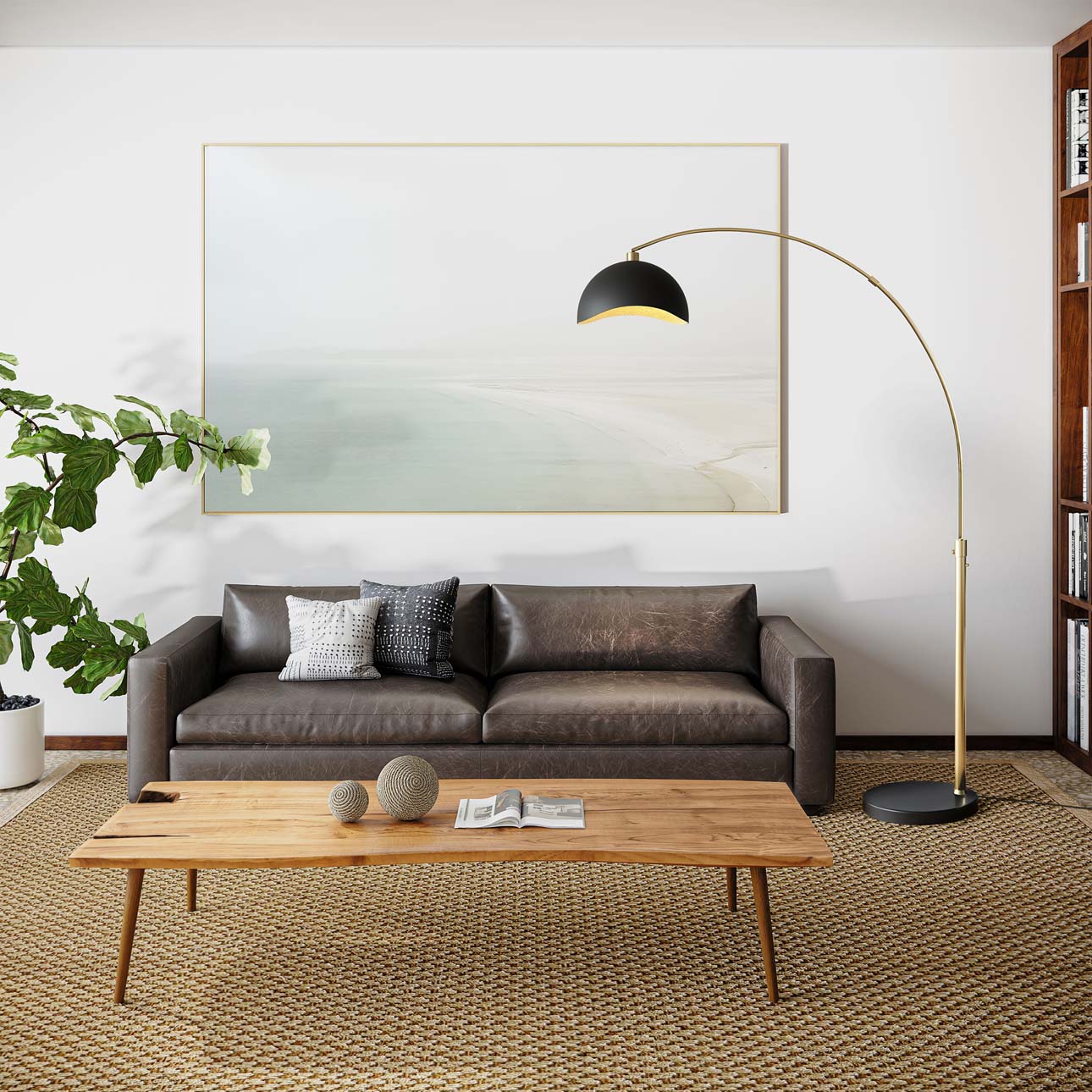 Luna Bella Arc Floor Lamp – 92″, Weathered Brass, Matte Black/Gold Leaf Shade, Dimmer Switch, Marble base - Image 3