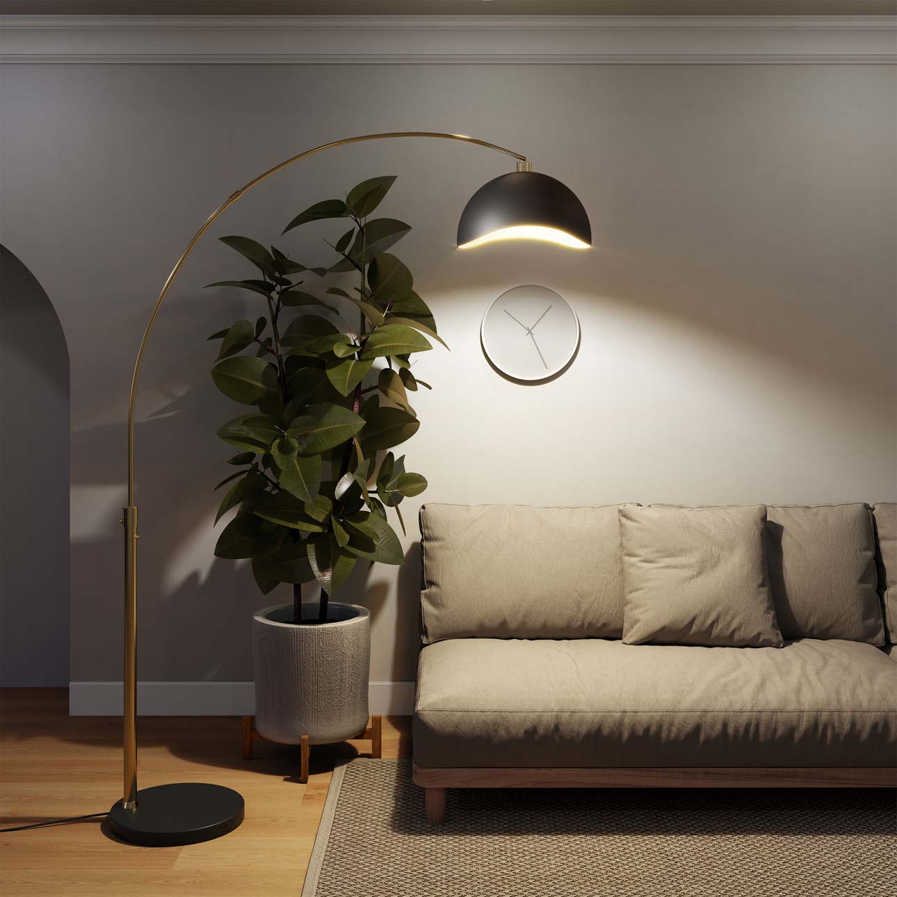 Luna Bella Arc Floor Lamp – 92″, Weathered Brass, Matte Black/Gold Leaf Shade, Dimmer Switch, Marble base - Image 2