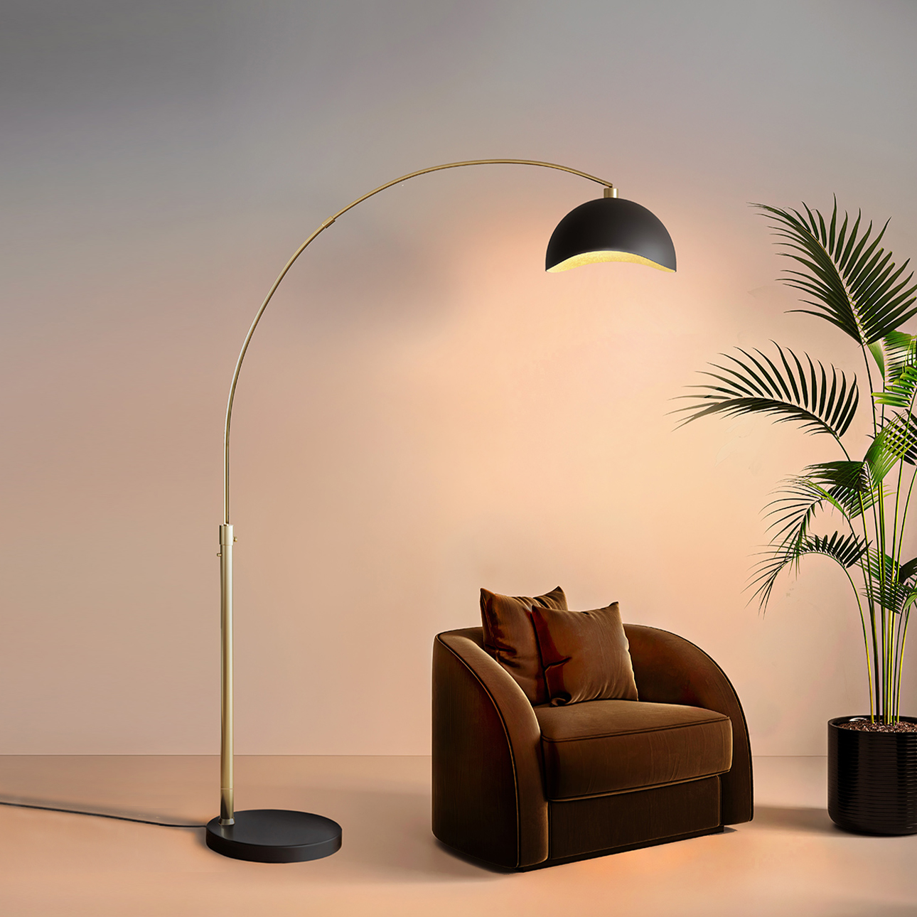Luna Bella Arc Floor Lamp – 92″, Weathered Brass, Matte Black/Gold Leaf Shade, Dimmer Switch, Marble base