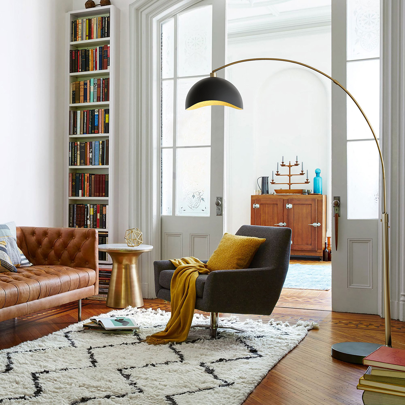 Luna Bella Arc Floor Lamp – 92″, Weathered Brass, Matte Black/Gold Leaf Shade, Dimmer Switch, Marble base - Image 5