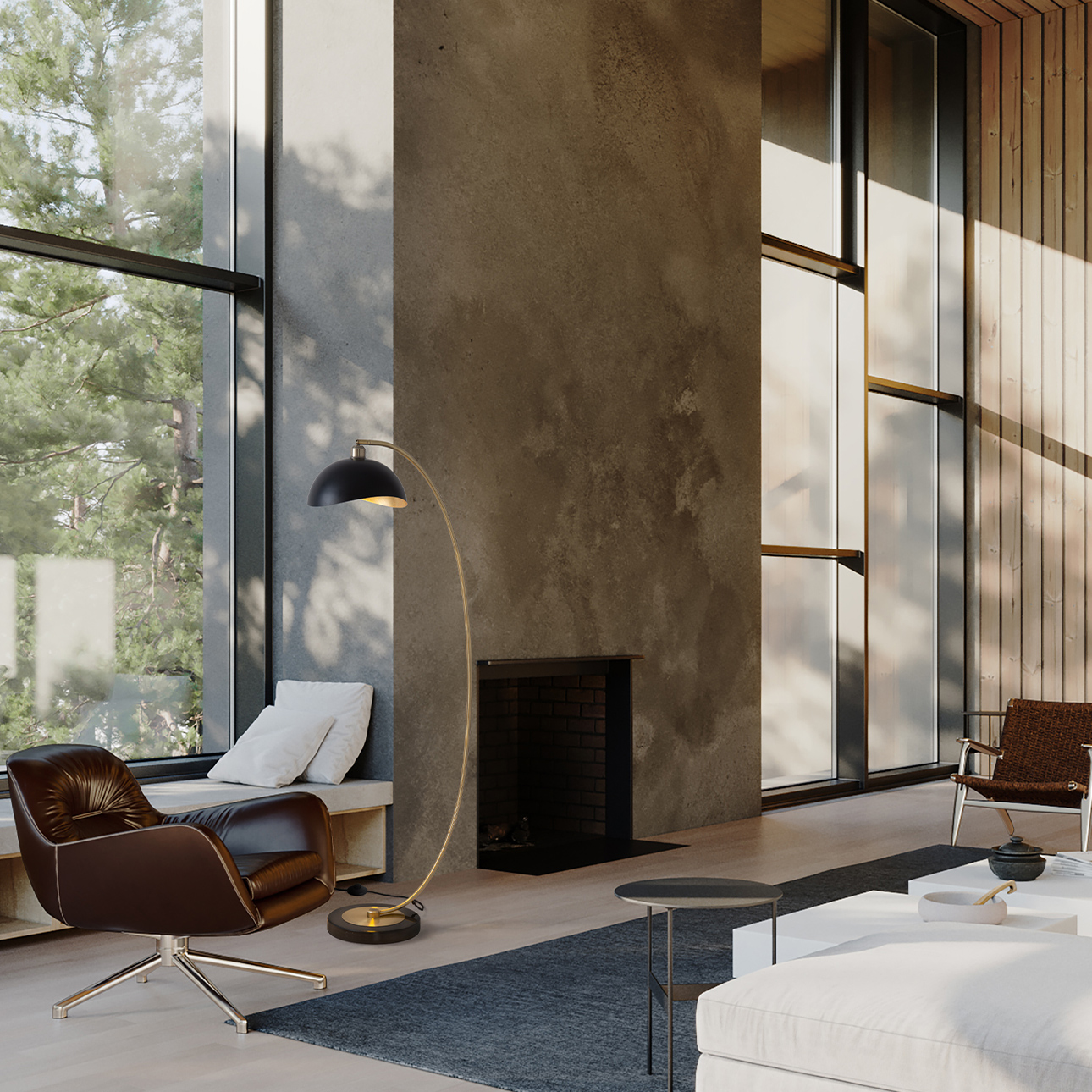Luna Bella Chairside Arc Floor Lamp – 60″, Weathered Brass & Matte Black/Gold-Leaf Shade, On/Off Step Switch, Marble Base - Image 2