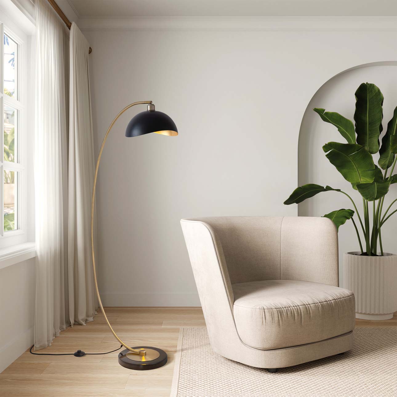 Luna Bella Chairside Arc Floor Lamp – 60″, Weathered Brass & Matte Black/Gold-Leaf Shade, On/Off Step Switch, Marble Base