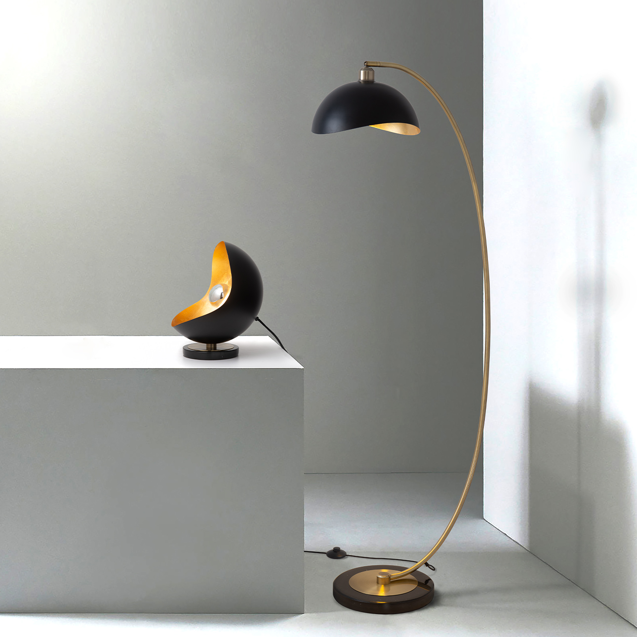 Luna Bella Chairside Arc Floor Lamp – 60″, Weathered Brass & Matte Black/Gold-Leaf Shade, On/Off Step Switch, Marble Base - Image 4
