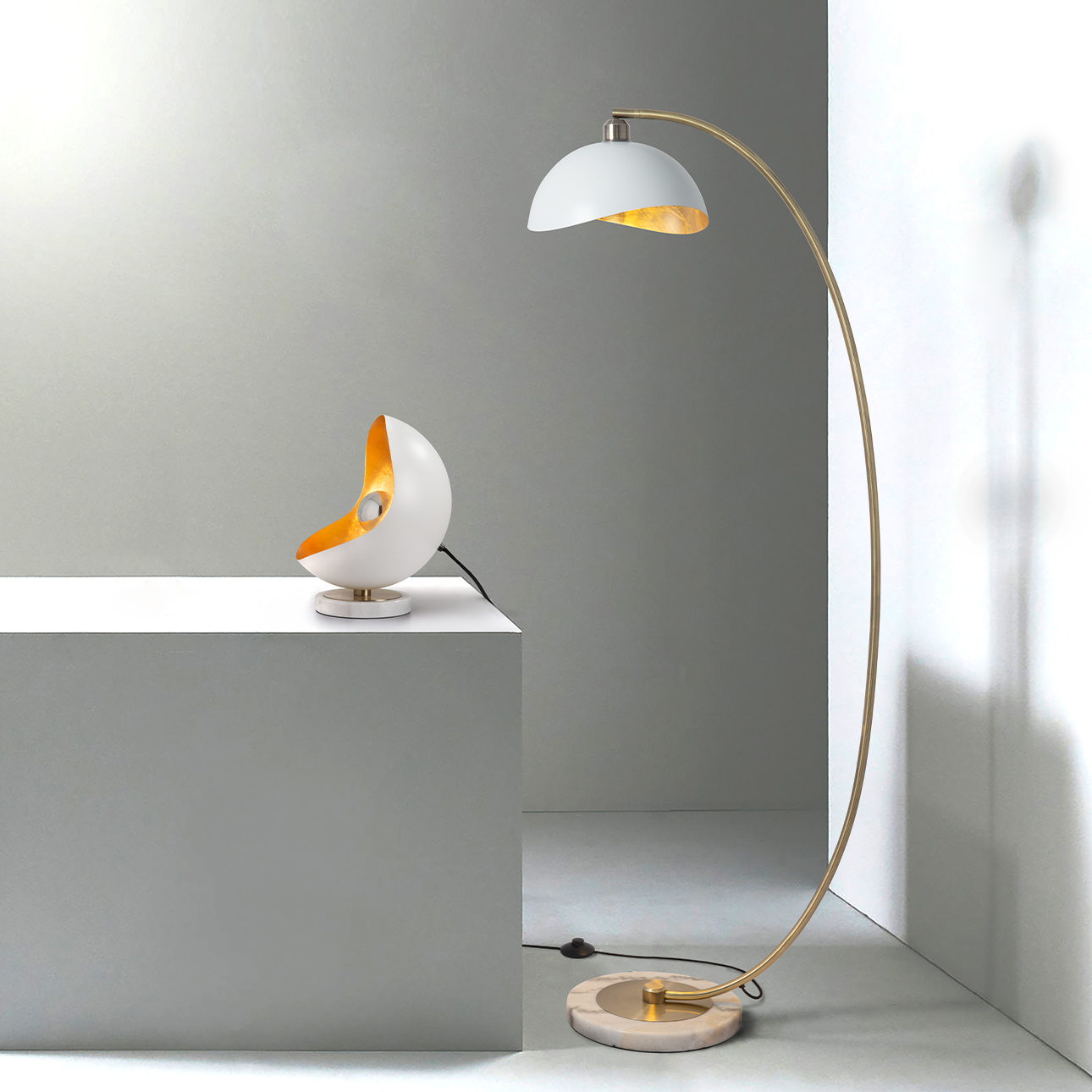Luna Bella Chairside Arc Floor Lamp – 60″, Weathered Brass & Matte White/Gold-Leaf Shade, Dimmer Switch, Marble Base - Image 5