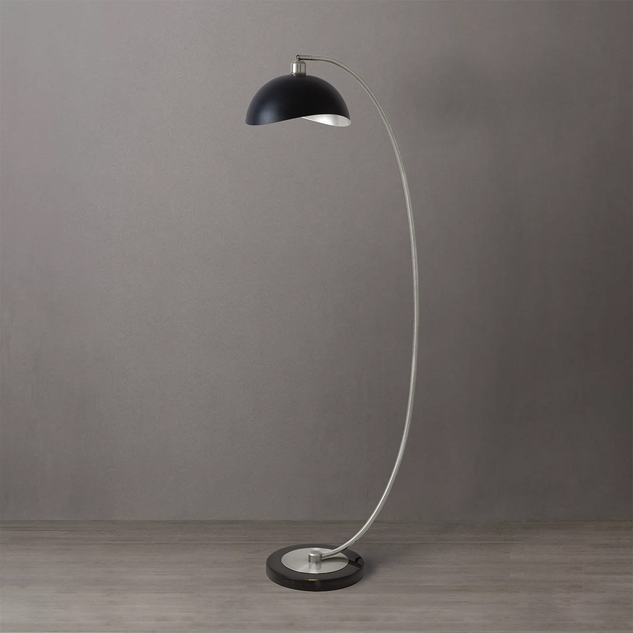 Luna Bella Chairside Arc Floor Lamp – Black & Silver-Leaf Shade, Antique Nickel, Black Marble Base, Dimmer - Image 2