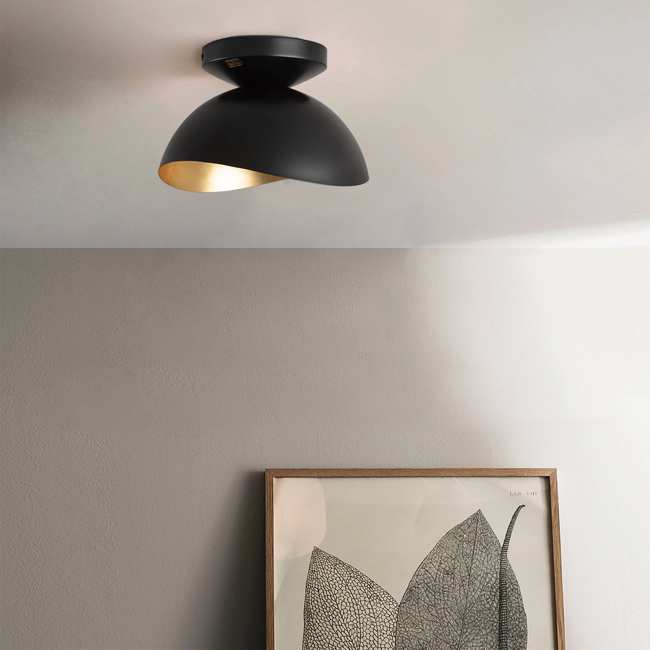 Luna Bella Flush Mount Ceiling Light – Matte Black & Gold-Leaf Shade, Weathered Brass - Image 2