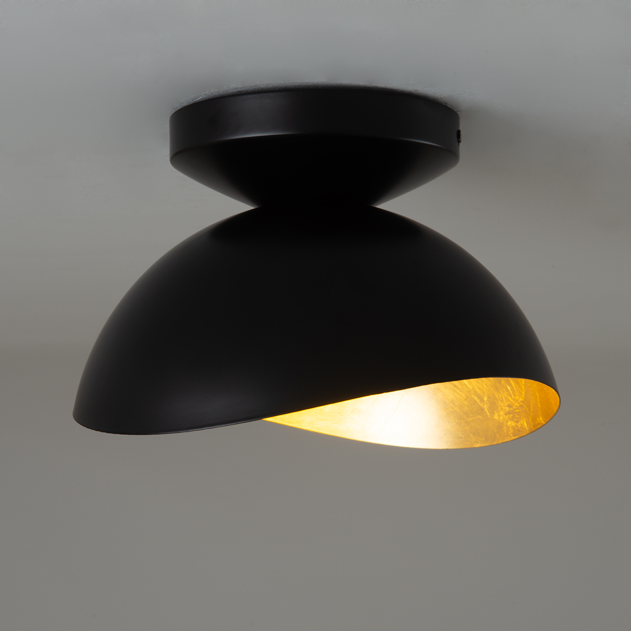 Luna Bella Flush Mount Ceiling Light – Matte Black & Gold-Leaf Shade, Weathered Brass