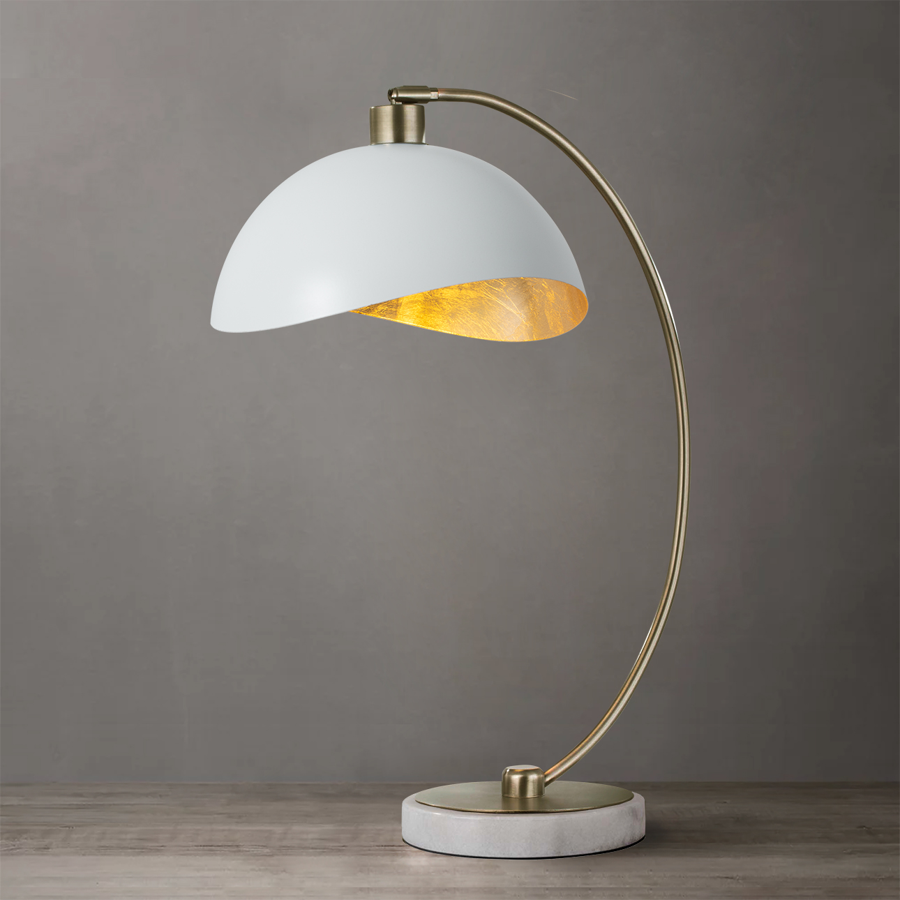 Luna Bella Table Lamp – 27″, Weathered Brass & Matte White/Gold Leaf Shade, Dimmer Switch, Marble Base