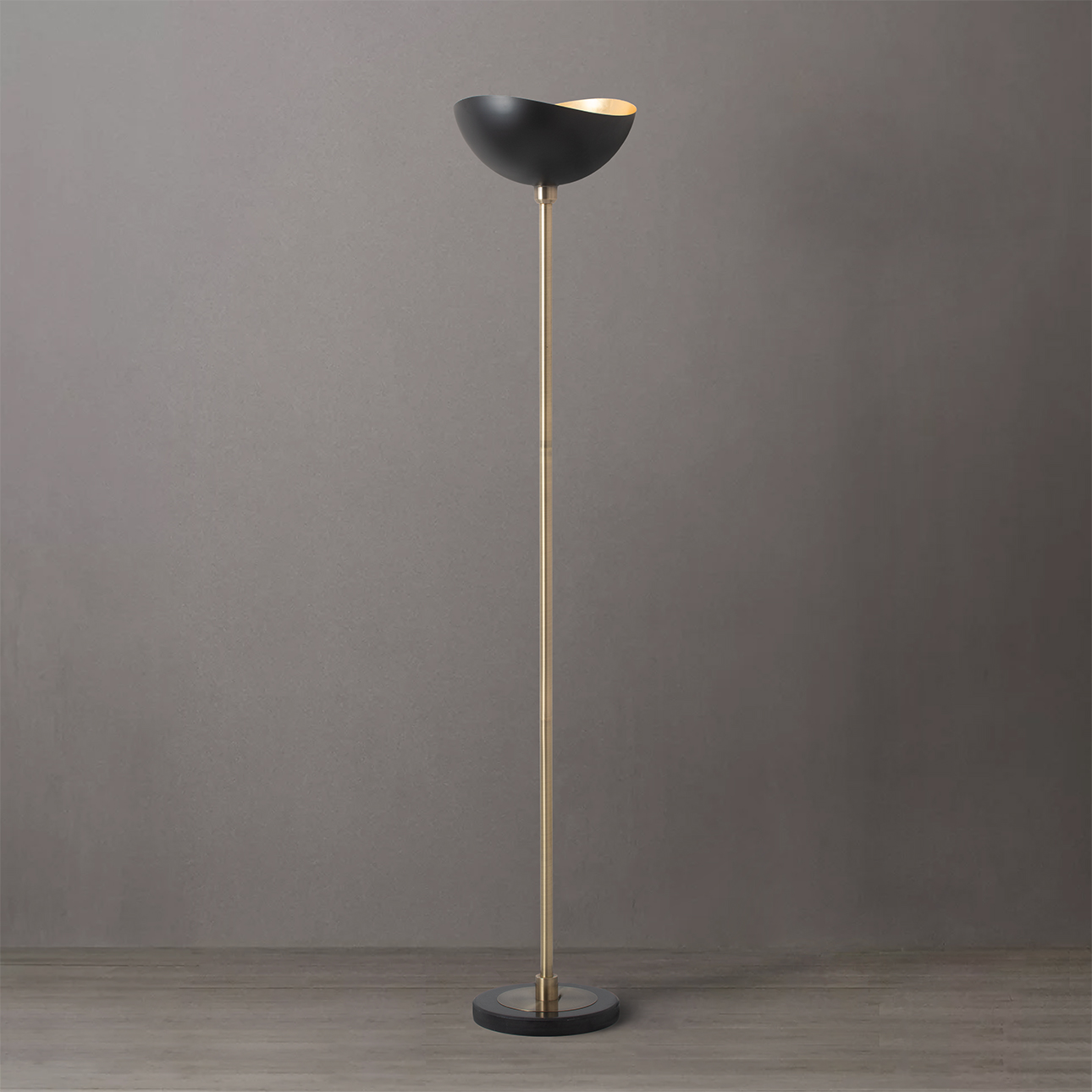 Luna Bella Torchiere Floor Lamp – Matte Black & Gold-Leaf Shade, Weathered Brass, Black Marble Base, Dimmer - Image 2