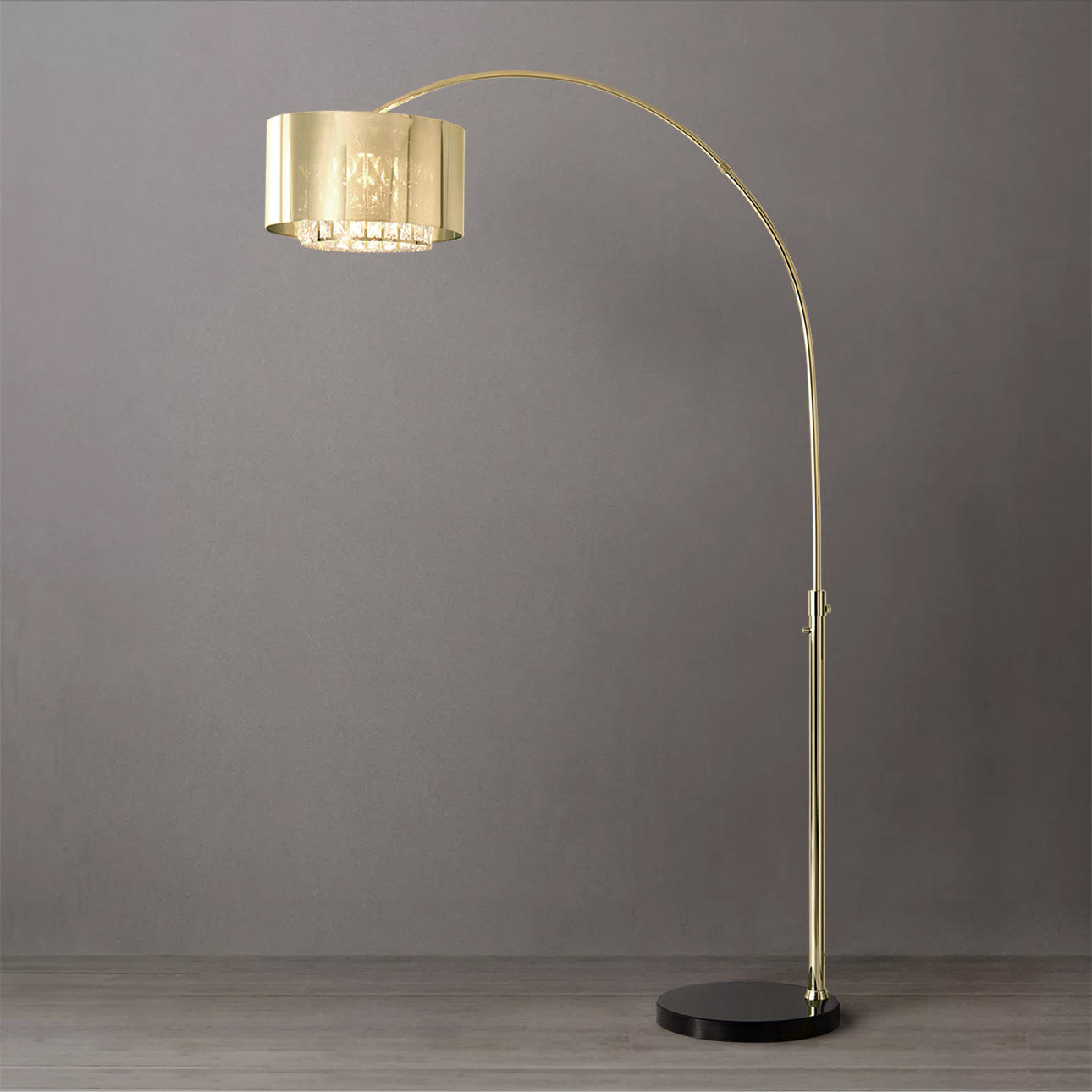Marilyn 1 Light Arc Floor Lamp – 94″, Weathered Brass, Mylar & Crystal Shades, Rotary Switch, Marble base - Image 3