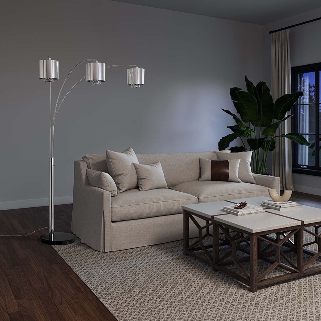 Marilyn 3 Light Arc Floor Lamp – 90″, Polished Chrome & Mylar/Crystal Shades, Rotary Switch, Marble base - Image 2