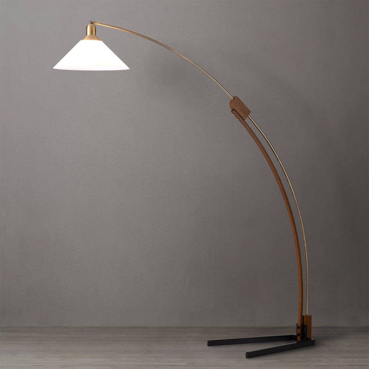 Melmar Arc Floor Lamp – Weathered Brass and Walnut, Dimmer Switch, V-base - Image 3