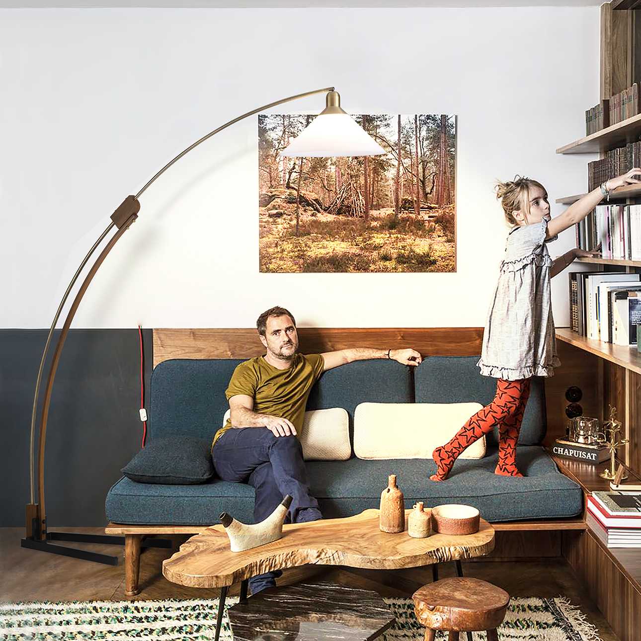 Melmar Arc Floor Lamp – Weathered Brass and Walnut, Dimmer Switch, V-base - Image 2