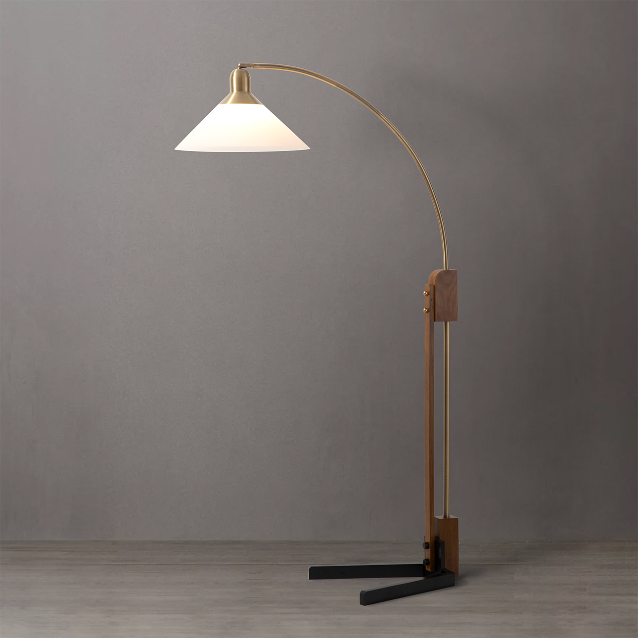 Melmar Chairside Arc Floor Lamp – Weathered Brass and Walnut, Dimmer Switch, V-Base - Image 4