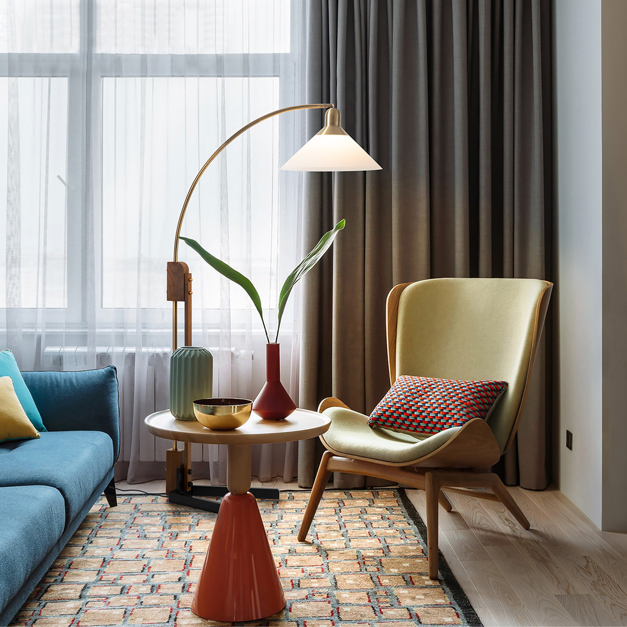 Melmar Chairside Arc Floor Lamp – Weathered Brass and Walnut, Dimmer Switch, V-Base - Image 2