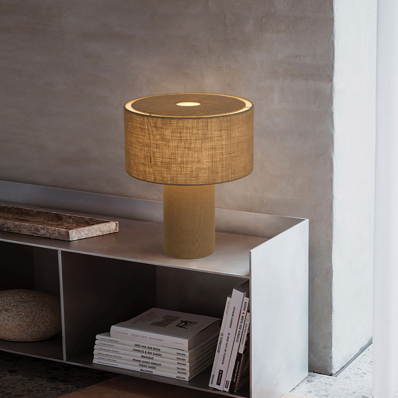 Moonlight Table Lamp – Woven Burlap Shade, Dimmer Switch - Image 2
