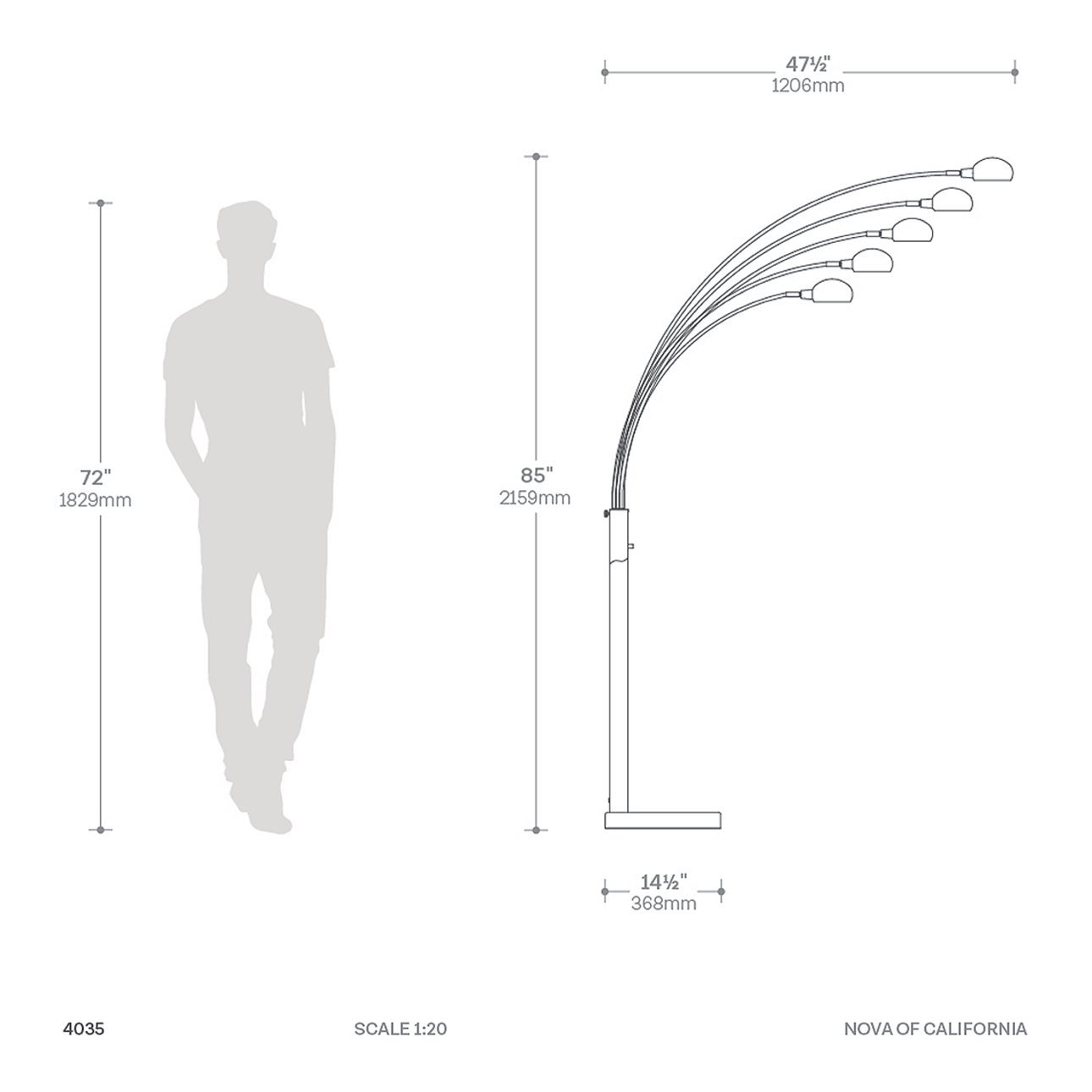 Mushroom 5 Light Arc Floor Lamp – Black Nickel, Dimmer switch, Marble base - Image 8