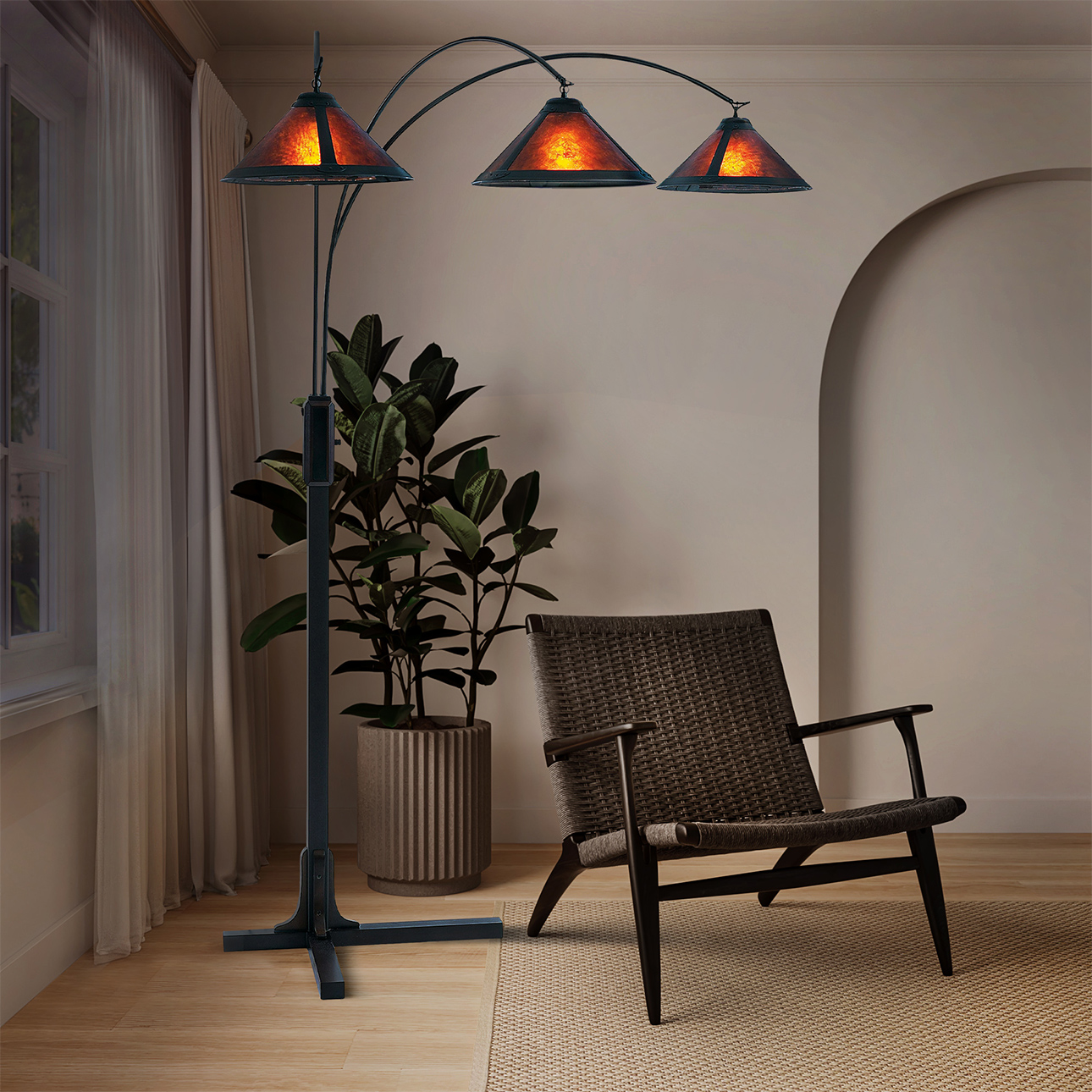 Natural Mica 3 Light Arc Floor Lamp – 86″, Espresso Wood , Bronze & Amber Mineral Mica, Dimmer Switch, X-base - Image 2