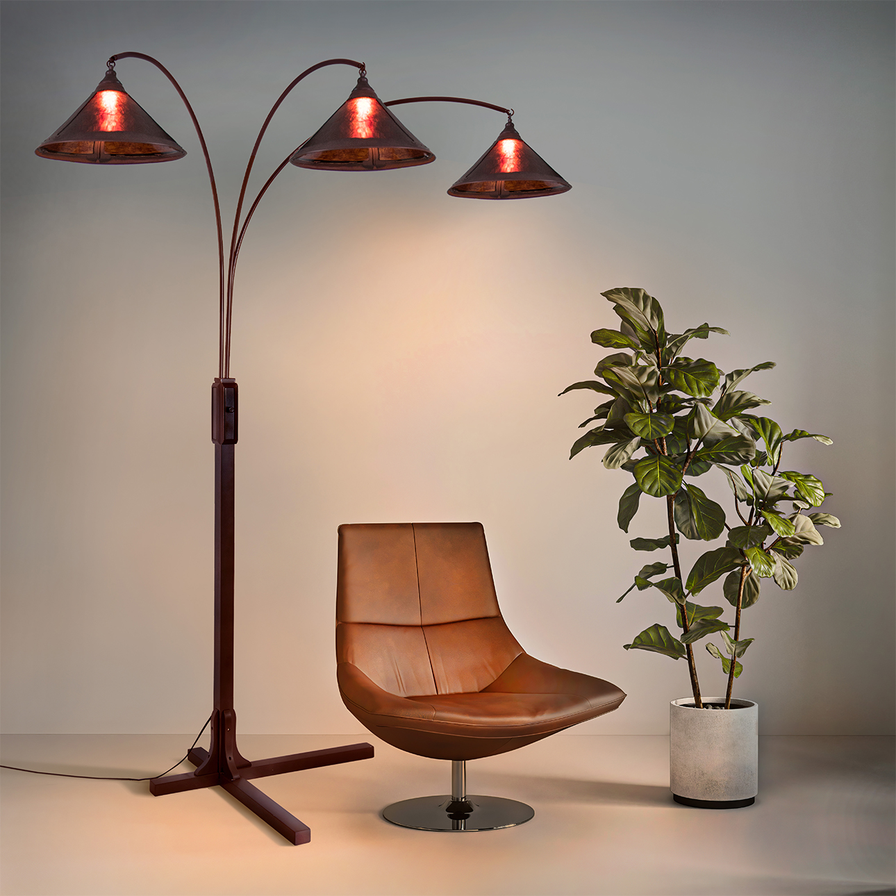 Natural Mica 3 Light Arc Floor Lamp – 86″, Espresso Wood , Bronze & Amber Mineral Mica, Dimmer Switch, X-base - Image 5