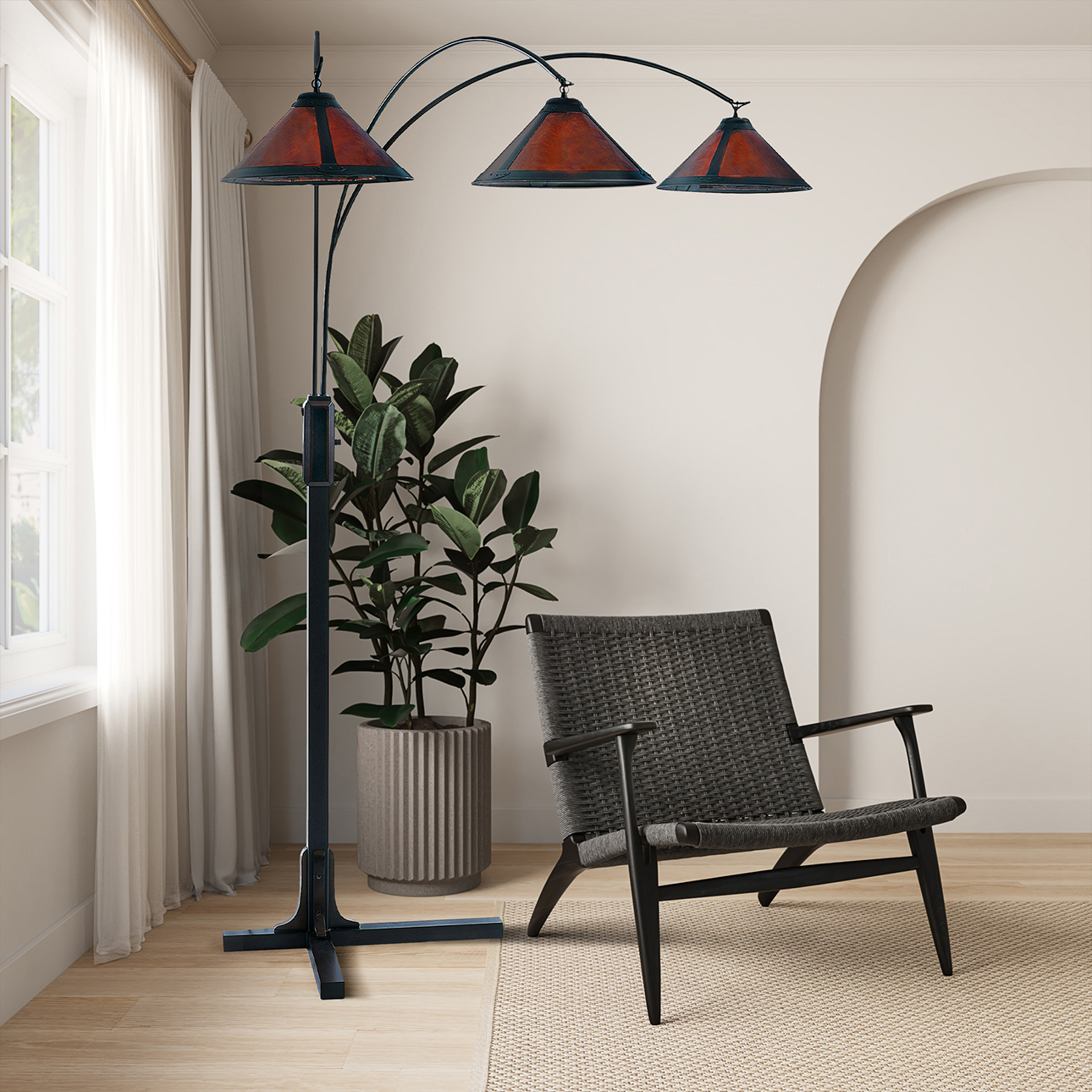Natural Mica 3 Light Arc Floor Lamp – 86″, Espresso Wood , Bronze & Amber Mineral Mica, Dimmer Switch, X-base - Image 3