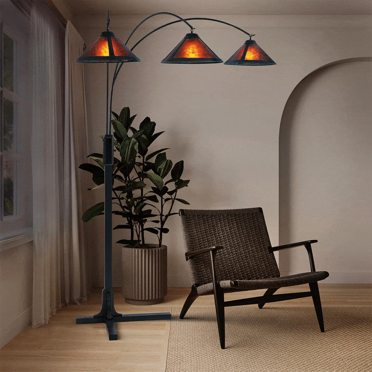 Natural Mica 3 Light Arc Floor Lamp – 86″, Espresso Wood , Bronze & Amber Mineral Mica, Dimmer Switch, X-base - Image 9