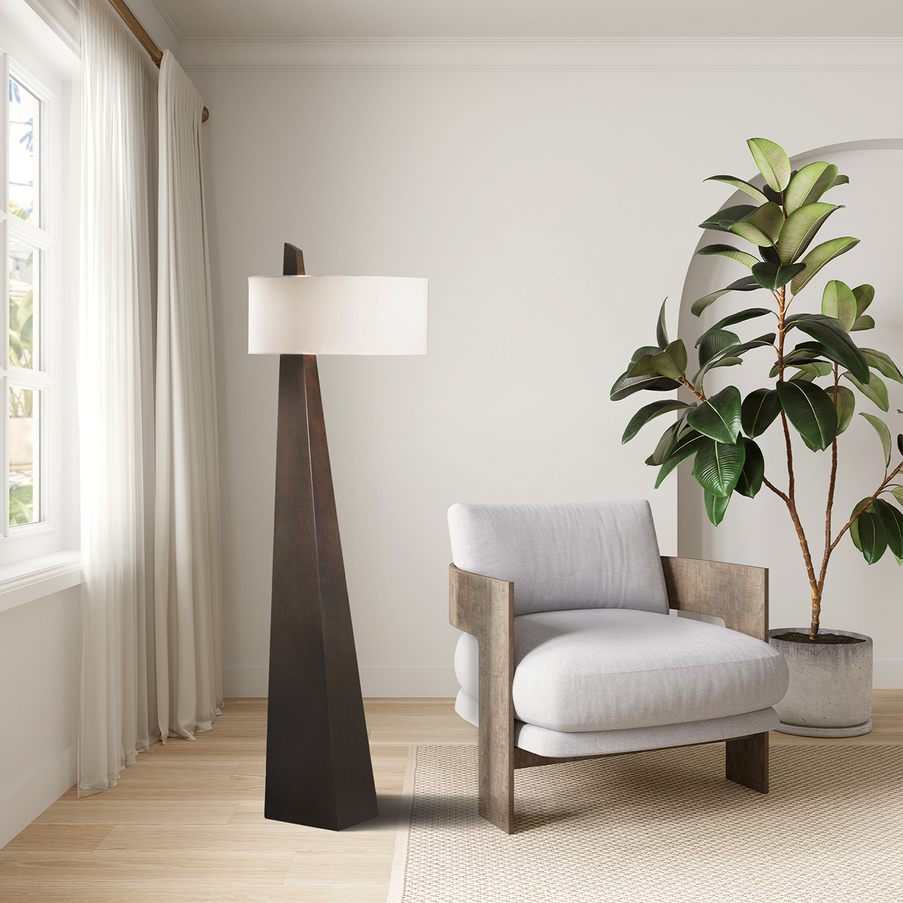 Obelisk Floor Lamp – 63″, Chestnut Wood, Linen Shade, On/Off Switch - Image 3