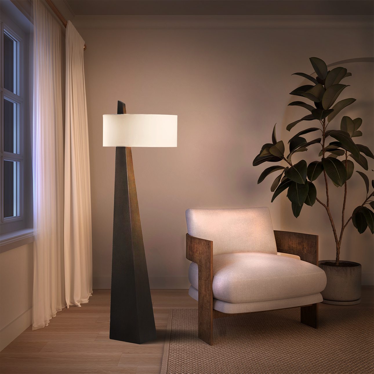 Obelisk Floor Lamp – 63″, Chestnut Wood, Linen Shade, On/Off Switch - Image 2