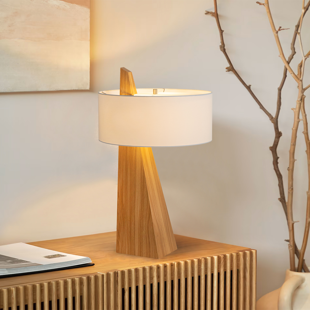 Obelisk Table Lamp – Natural Ash Wood Finish, White Cotton-Linen Shade - Image 2