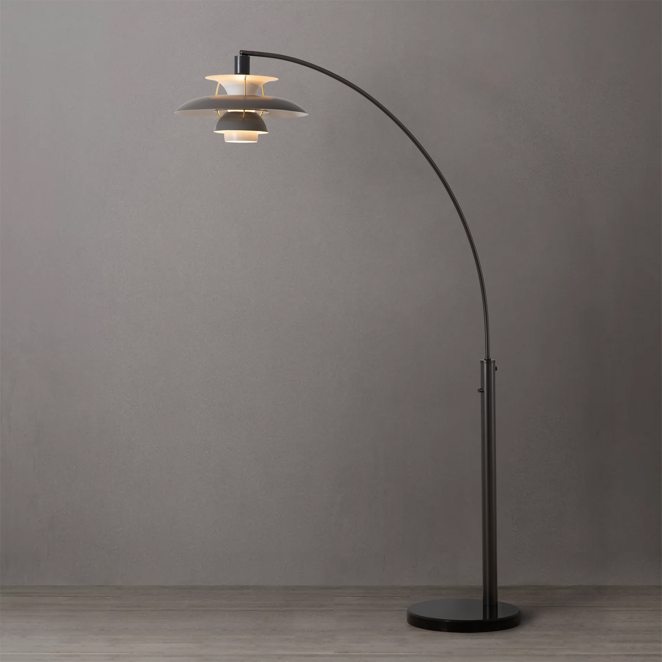 Palm Springs 1 Light Arc Floor Lamp – 83″, Gunmetal and Gray tonal shades, Dimmer Switch, Marble base