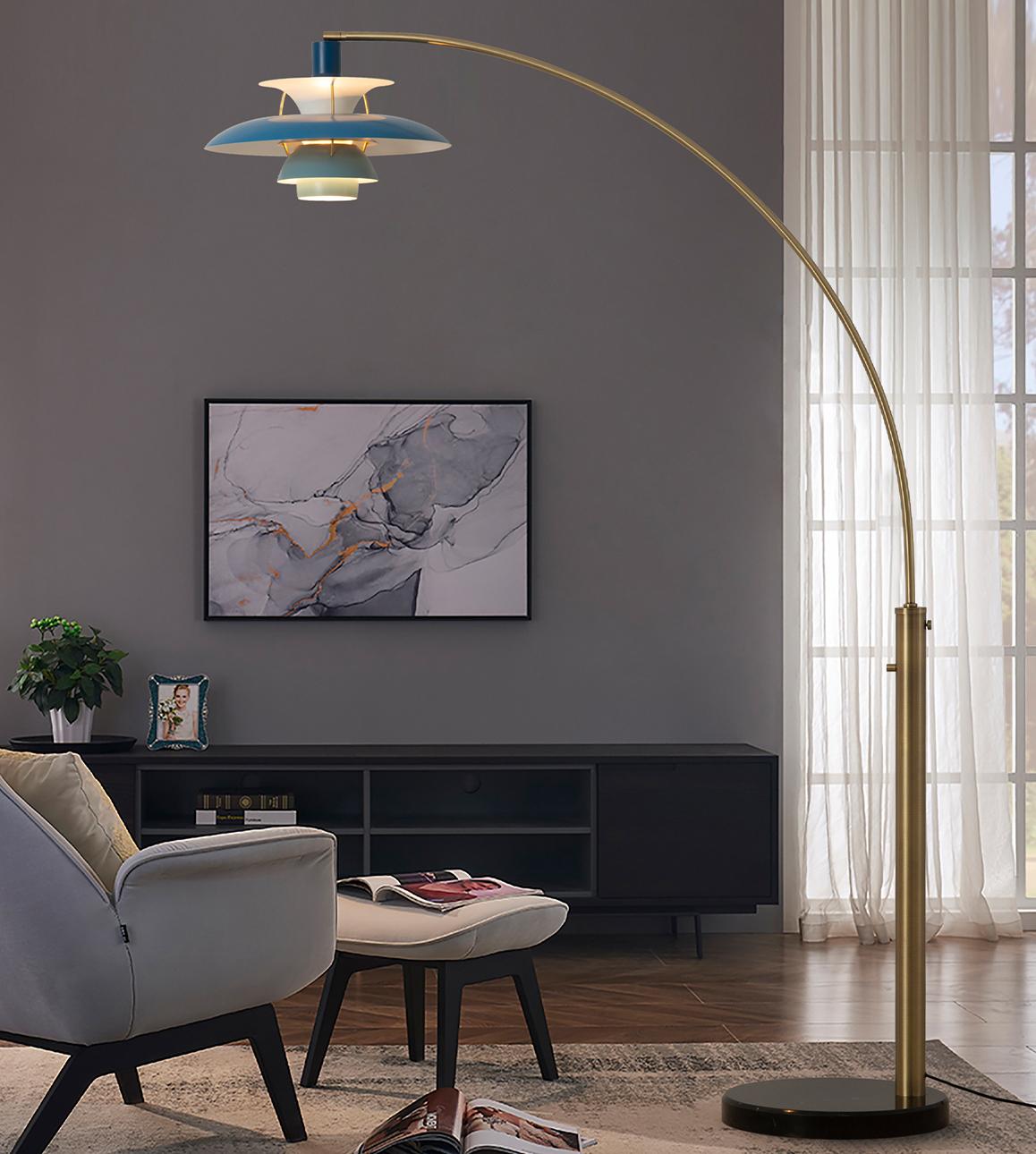 Palm Springs 1 Light Arc Floor Lamp – 83″, Weathered Brass and Blue Tonal Shades, Dimmer Switch, Marble base