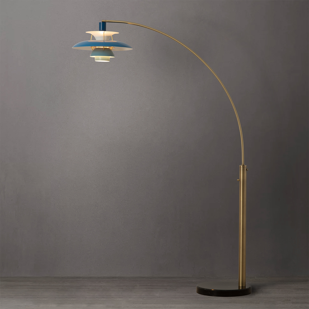 Palm Springs 1 Light Arc Floor Lamp – 83″, Weathered Brass and Blue Tonal Shades, Dimmer Switch, Marble base - Image 2