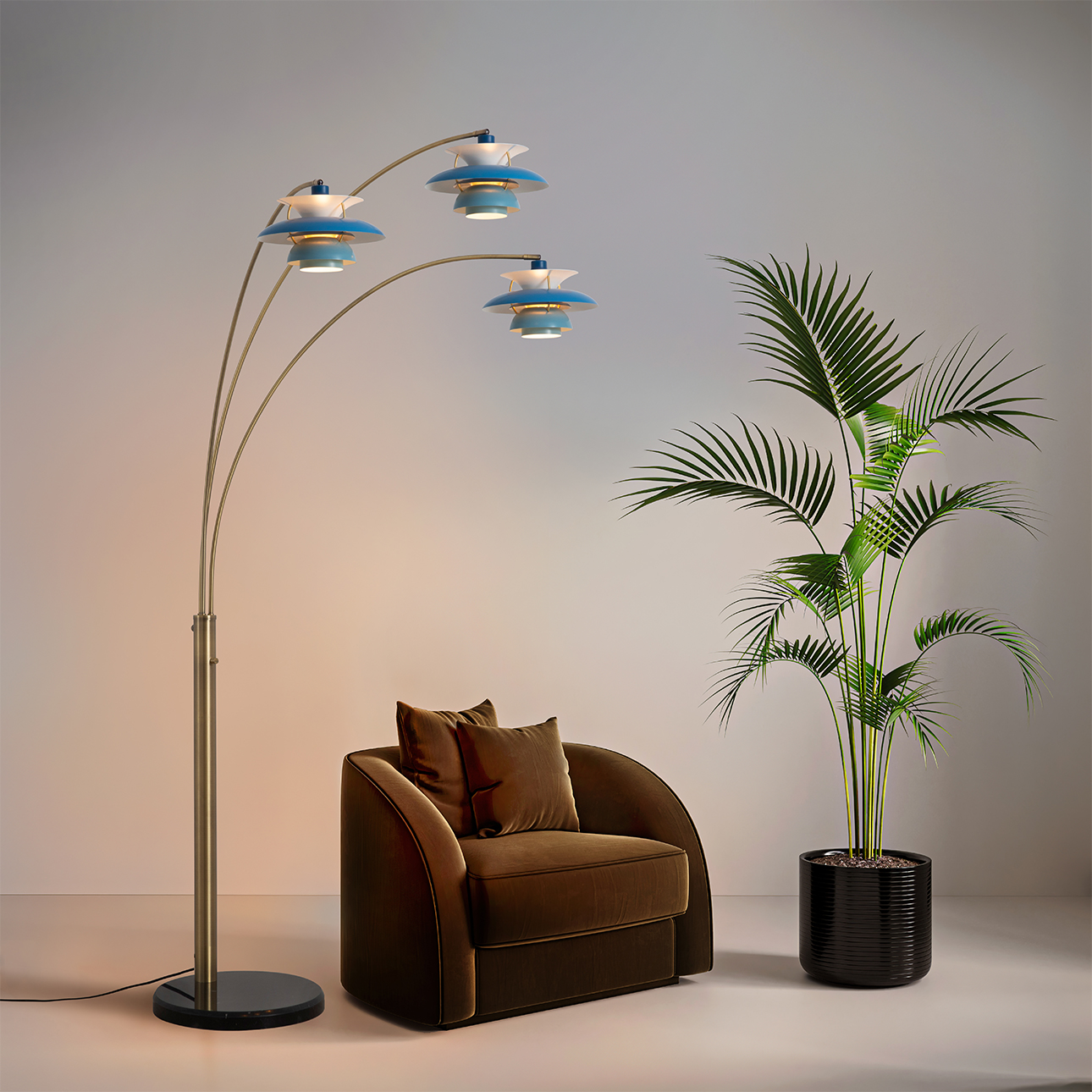 Palm Springs 3 Light Arc Floor Lamp – 84″, Weathered Brass and Blue tonal shades, Dimmer Switch, Marble base