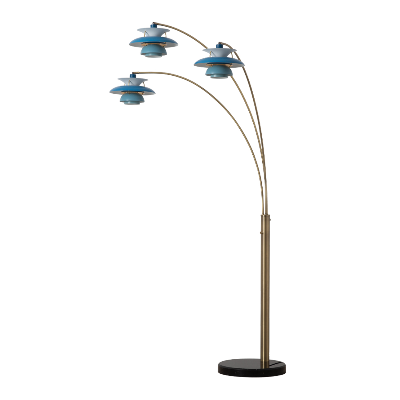 Palm Springs 3 Light Arc Floor Lamp – 84″, Weathered Brass and Blue tonal shades, Dimmer Switch, Marble base - Image 3