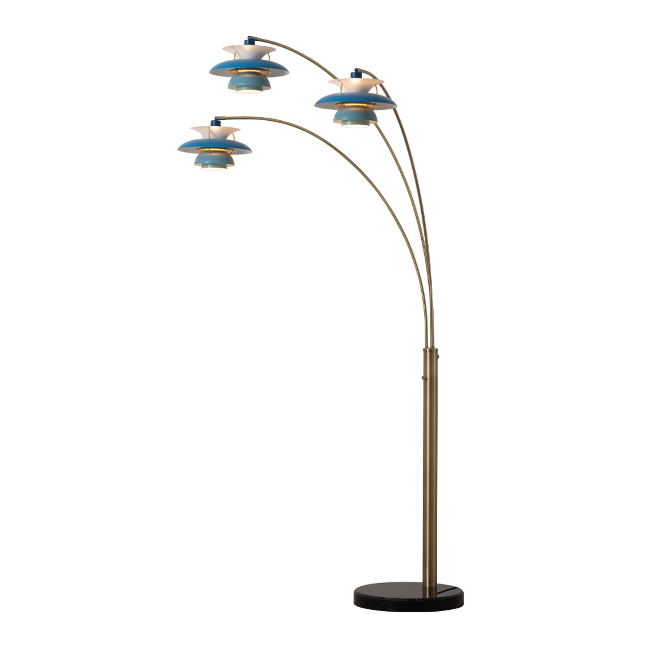 Palm Springs 3 Light Arc Floor Lamp – 84″, Weathered Brass and Blue tonal shades, Dimmer Switch, Marble base - Image 2